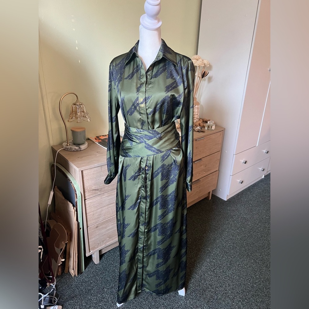 Forest Green & Black Houndstooth Button Down Multi-Way Wrap Satin Maxi Dress S - Picture 8 of 16